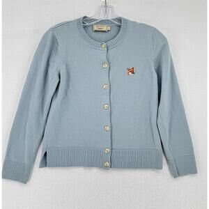 Maison Kitsune Womens Blue Wool Fox Patch Crew Long Sleeve Cardigan Sweater Sz S